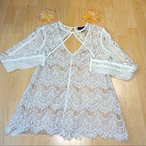 Classic Frilly Lined White V-Neck Blouse With Attached Shrug